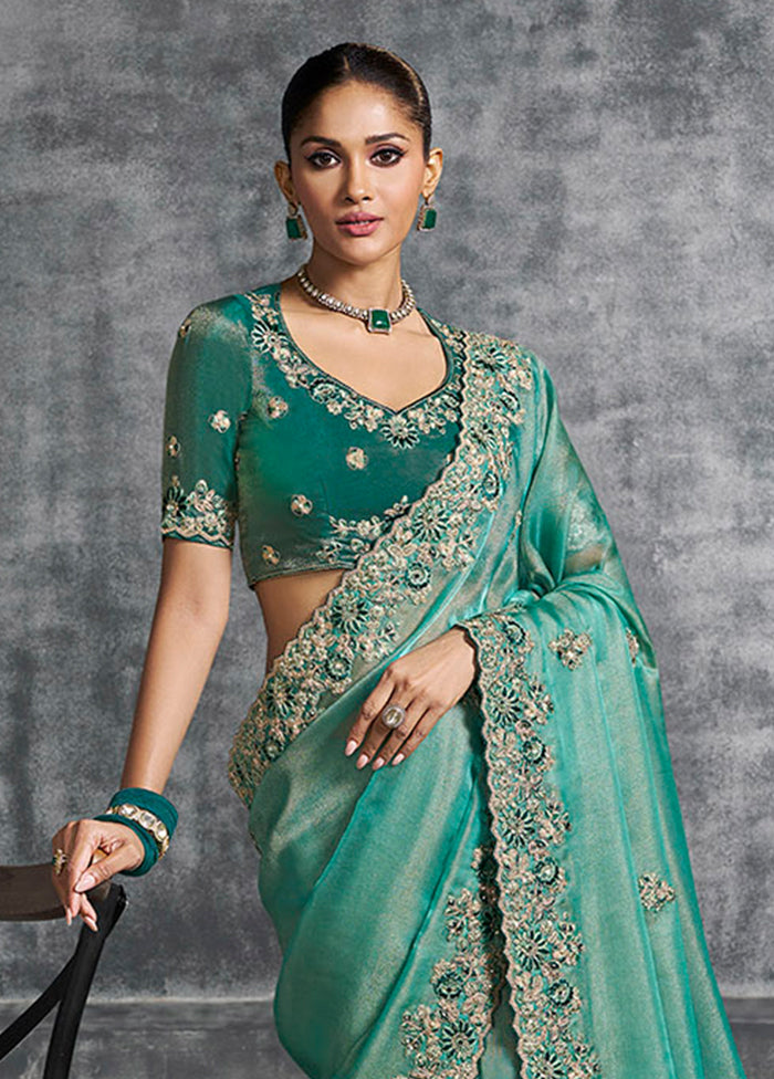 Green Tissue Silk Saree With Blouse Piece