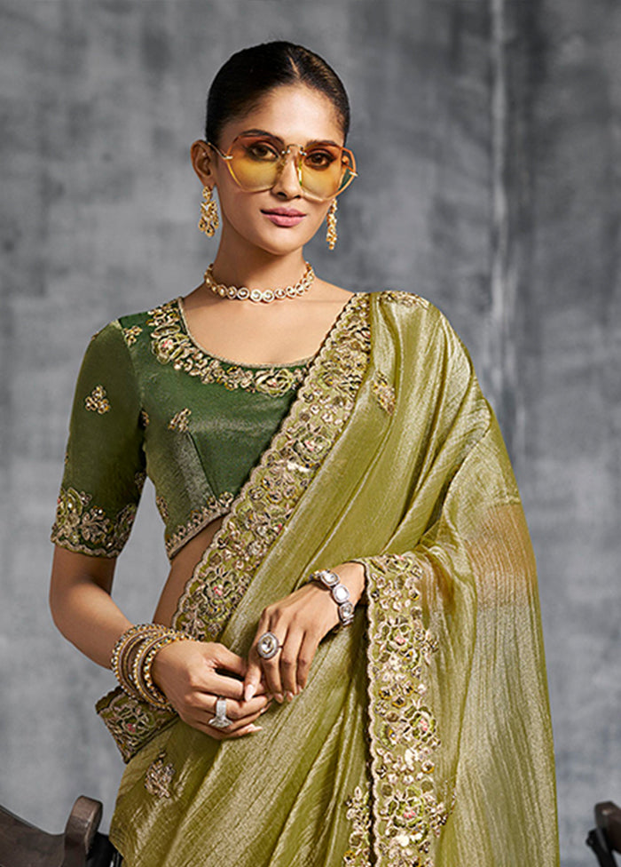 Green Tissue Silk Saree With Blouse Piece