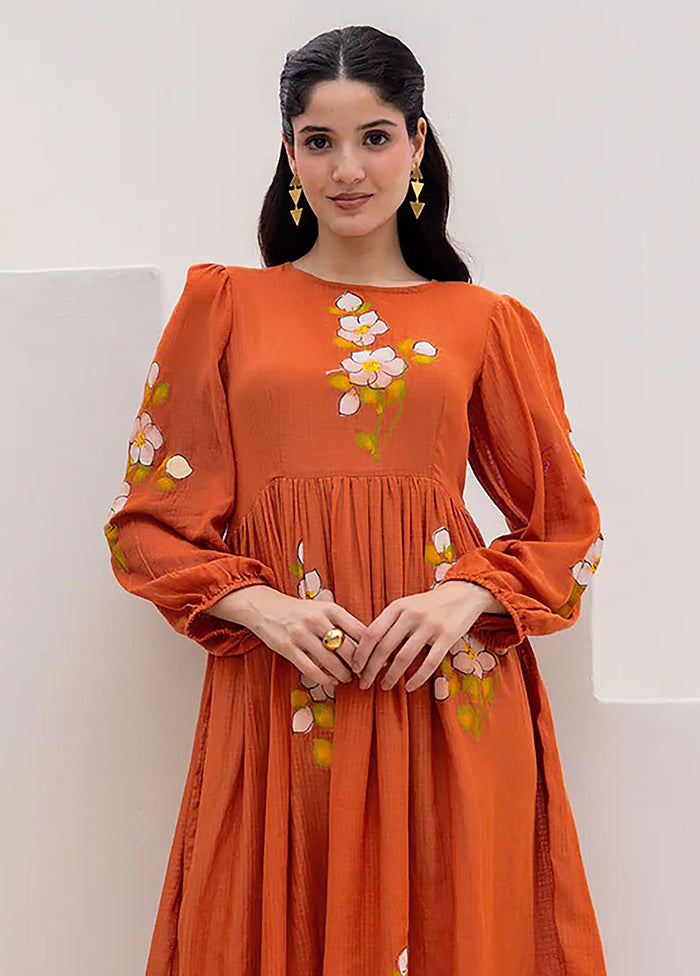 Orange Printed Work Silk Kurti