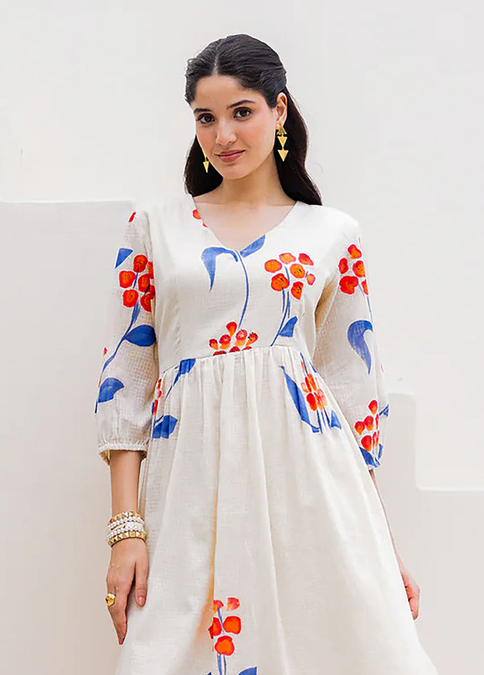 White Printed Work Silk Kurti