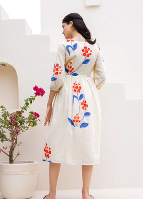 White Printed Work Silk Kurti