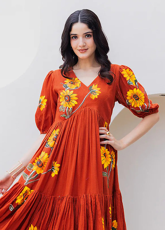 Brown Printed Work Silk Kurti