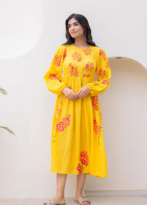 Yellow Printed Work Silk Kurti