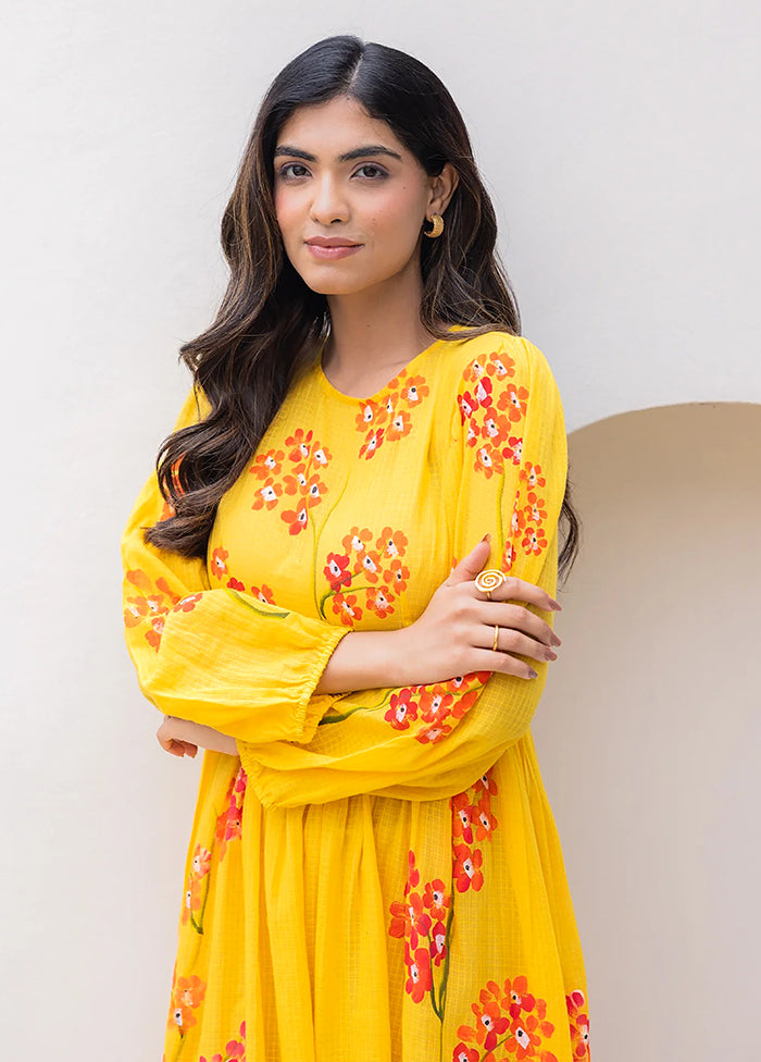 Yellow Printed Work Silk Kurti