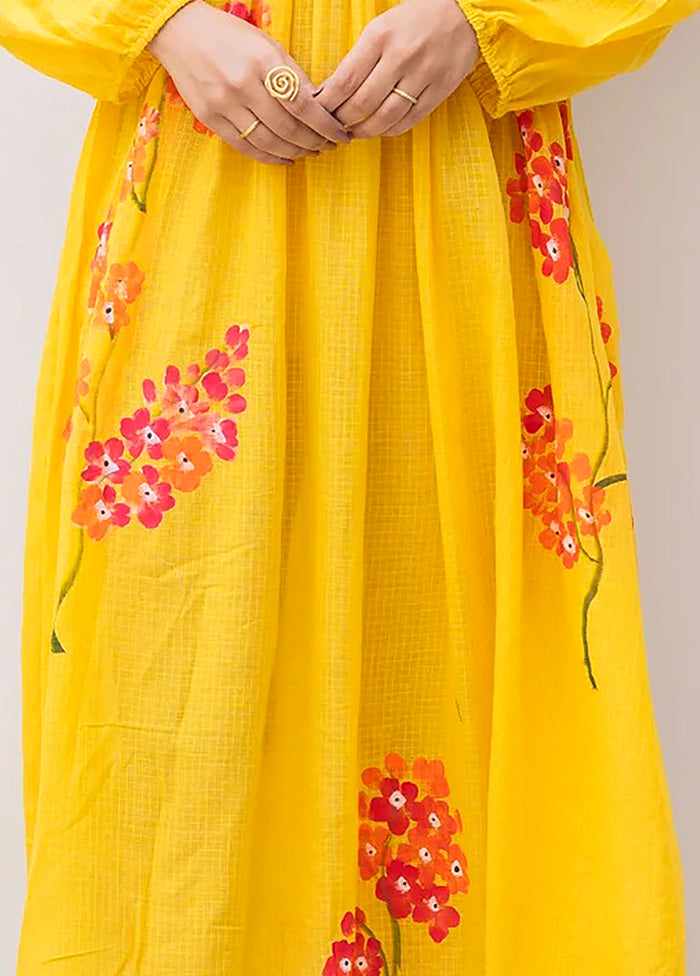 Yellow Printed Work Silk Kurti