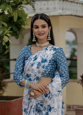 White Spun Silk Saree With Blouse Piece (Ready to Wear Saree)