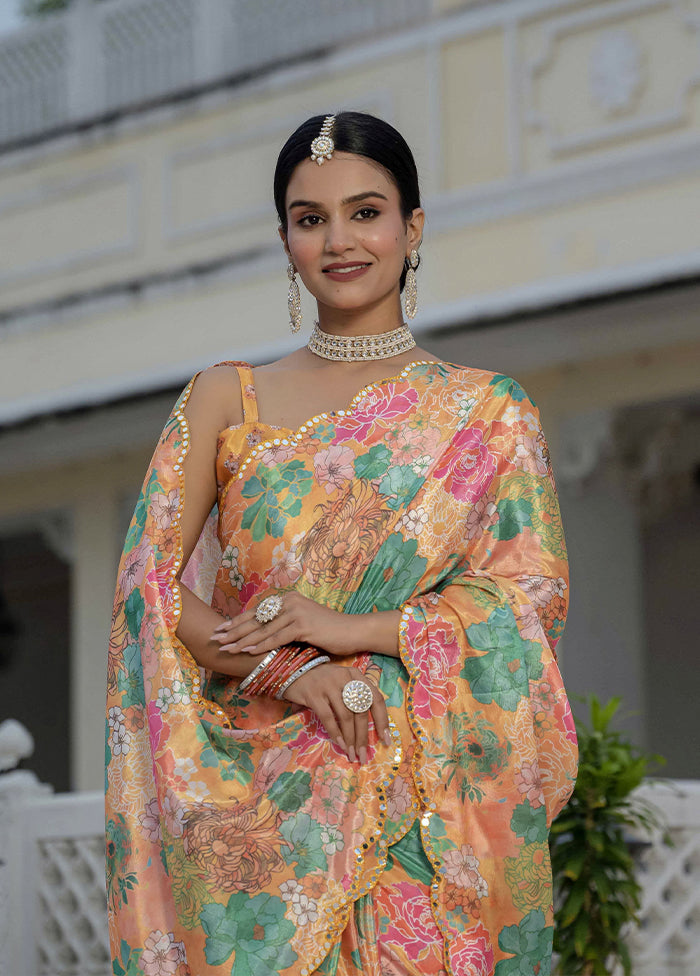 Orange Spun Silk Saree With Blouse Piece (Ready to Wear Saree)