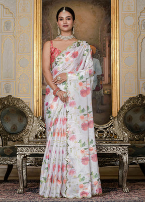 White Spun Silk Saree With Blouse Piece (Ready to Wear Saree)