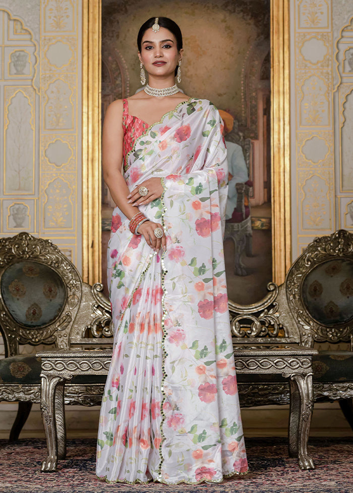 White Spun Silk Saree With Blouse Piece (Ready to Wear Saree)