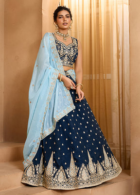 Blue Blended Silk Lehenga Set
