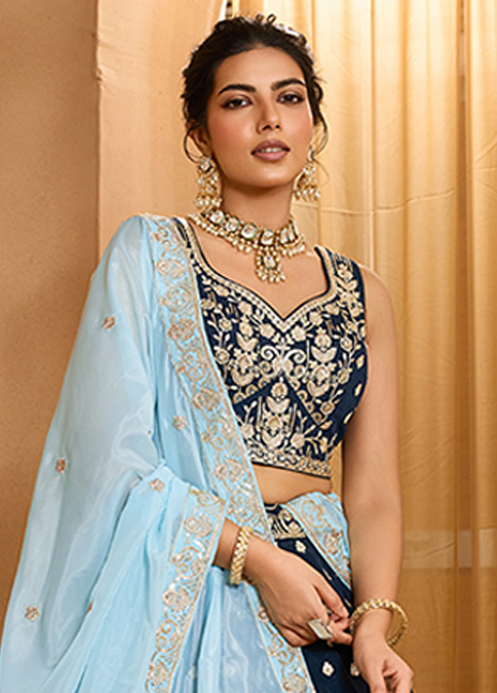 Blue Blended Silk Lehenga Set