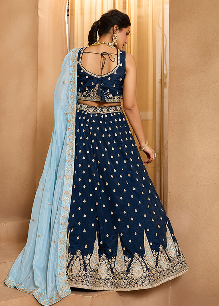 Blue Blended Silk Lehenga Set