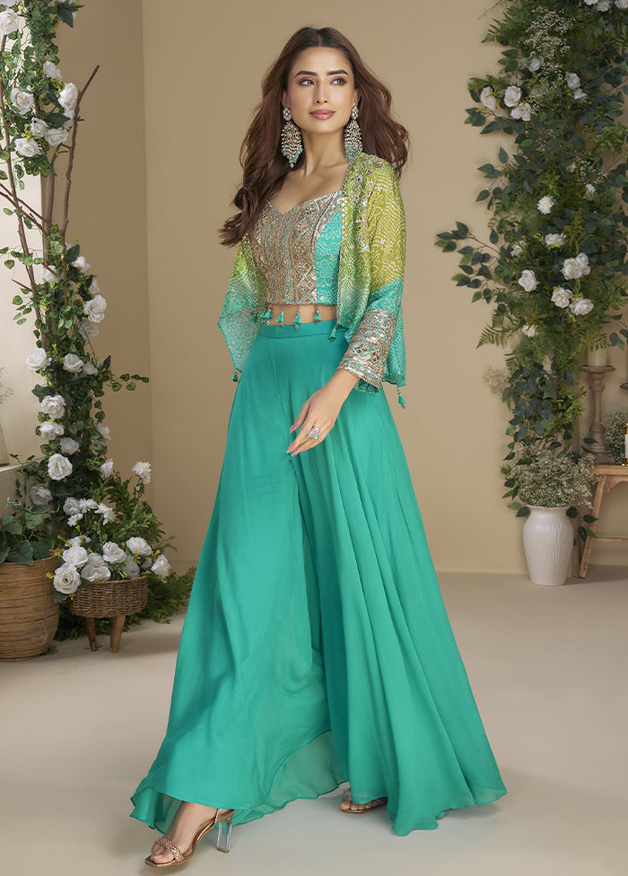 2 Pc Green Silk Kurti Set With Jacket