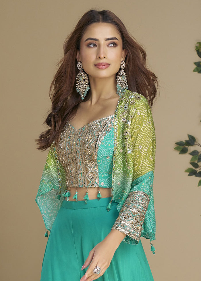 2 Pc Green Silk Kurti Set With Jacket