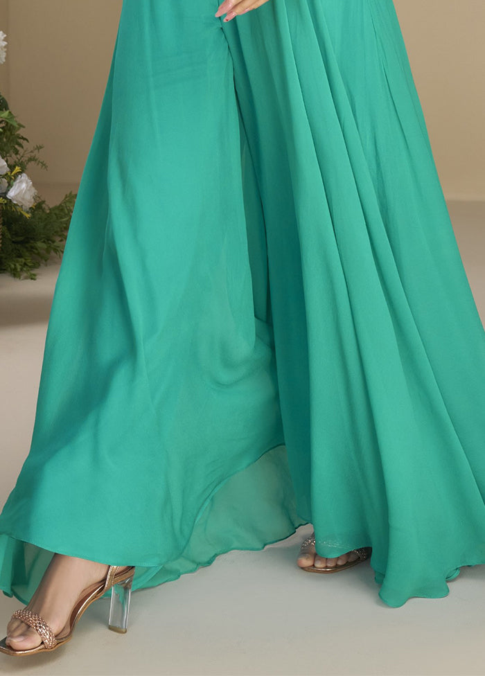 2 Pc Green Silk Kurti Set With Jacket