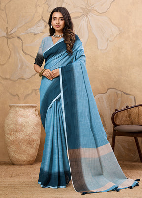 Blue Spun Silk Saree With Blouse Piece