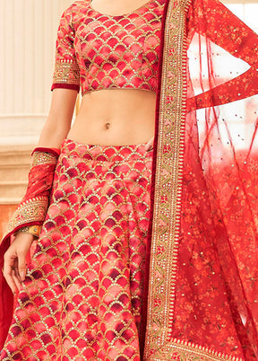 3 Pc Red Silk Semi Stitched Lehenga Set - Indian Silk House Agencies
