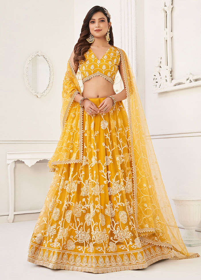 3 Pc Mustard Net Semi Stitched Lehenga Set - Indian Silk House Agencies