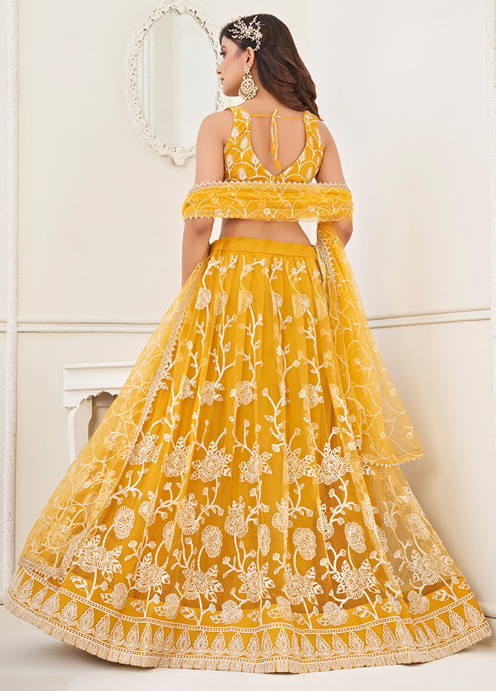 3 Pc Mustard Net Semi Stitched Lehenga Set - Indian Silk House Agencies