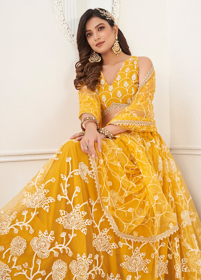 3 Pc Mustard Net Semi Stitched Lehenga Set - Indian Silk House Agencies