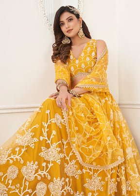 3 Pc Mustard Net Semi Stitched Lehenga Set - Indian Silk House Agencies