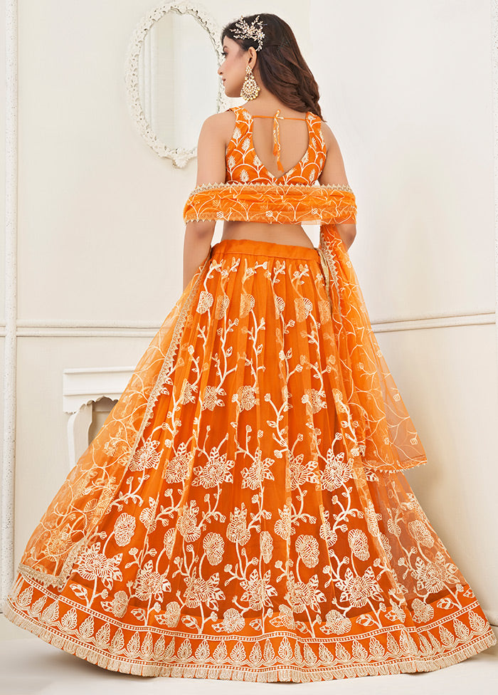3 Pc Orange Net Semi Stitched Lehenga Set - Indian Silk House Agencies