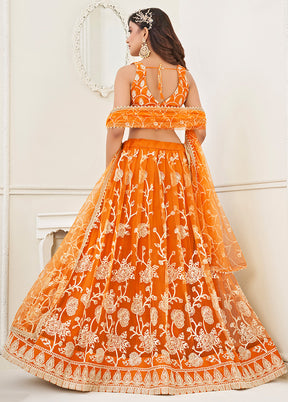 3 Pc Orange Net Semi Stitched Lehenga Set - Indian Silk House Agencies