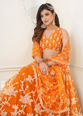 3 Pc Orange Net Semi Stitched Lehenga Set - Indian Silk House Agencies
