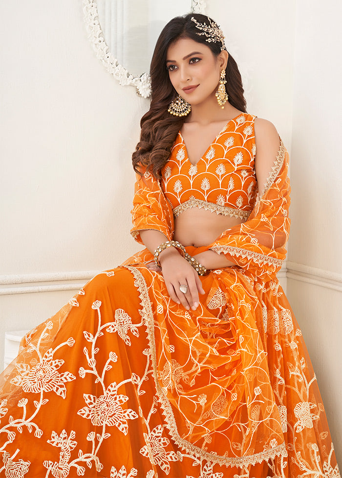 3 Pc Orange Net Semi Stitched Lehenga Set - Indian Silk House Agencies