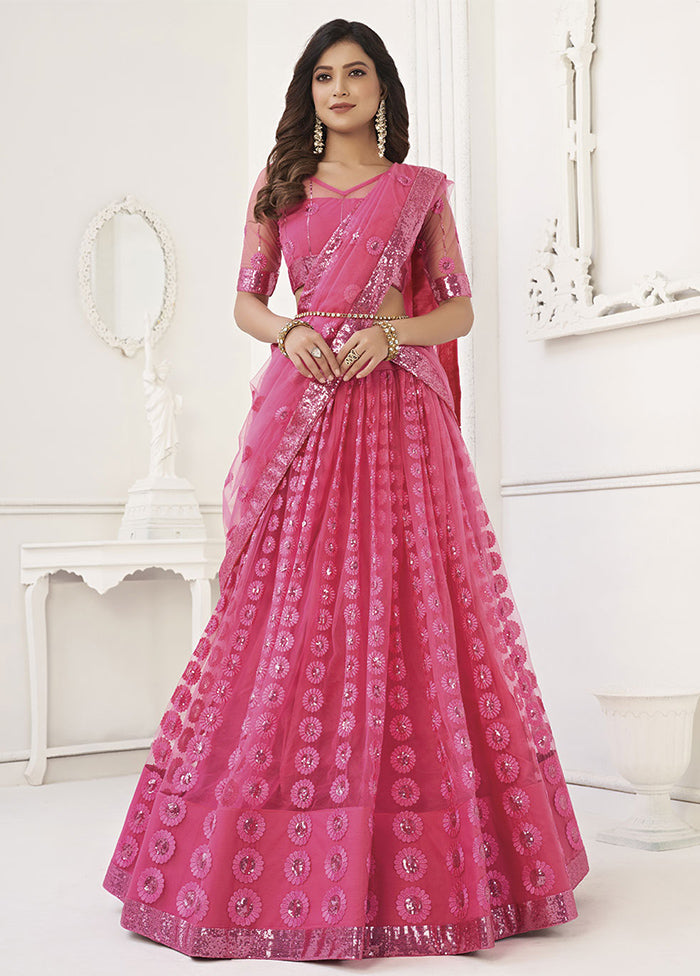 3 Pc Pink Net Semi Stitched Lehenga Set - Indian Silk House Agencies