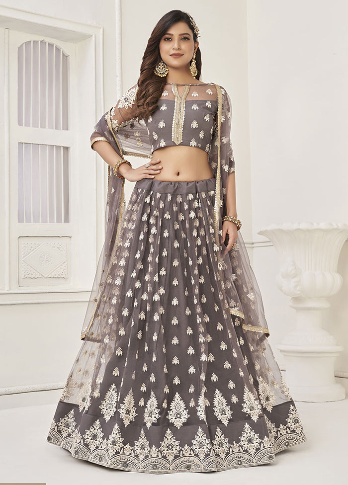 3 Pc Grey Net Semi Stitched Lehenga Set - Indian Silk House Agencies
