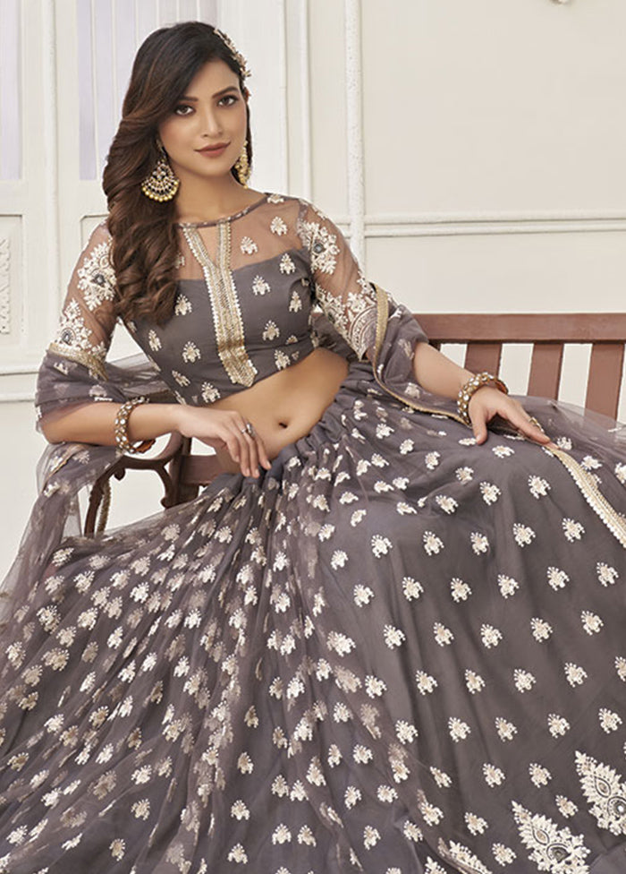 3 Pc Grey Net Semi Stitched Lehenga Set - Indian Silk House Agencies