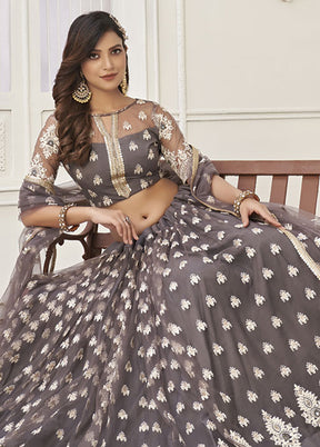 3 Pc Grey Net Semi Stitched Lehenga Set - Indian Silk House Agencies