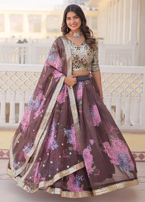 3 Pc Coffee Silk Semi Stitched Lehenga Set