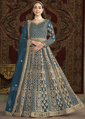 Teal Blue Semi Stitched Net Dupatta Indian Dress