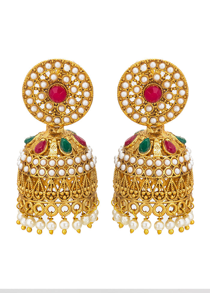 Golden Brass And Copper Artificial Stone Work Earrings