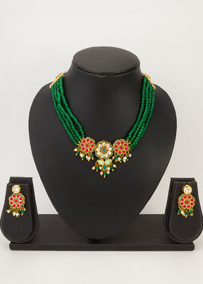 Green Brass Artificial Pearl And Kundan Work Necklace