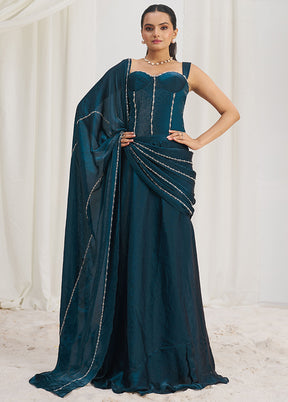 Navy Blue Organza Saree With Blouse Piece