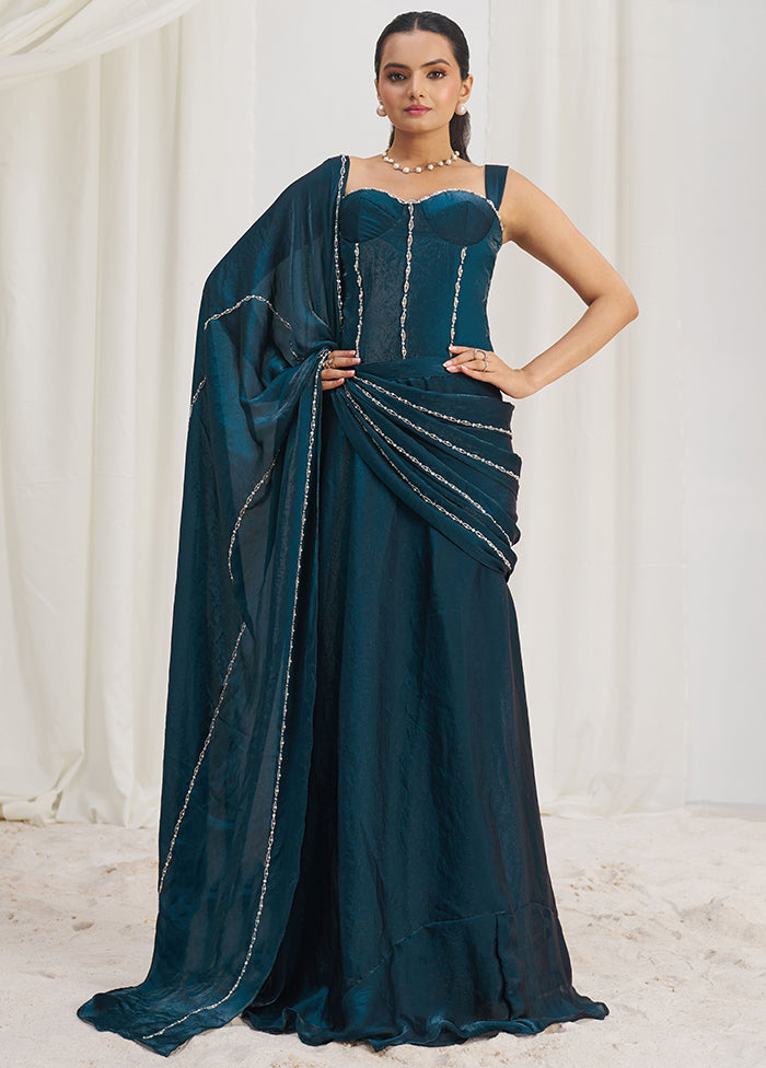 Navy Blue Organza Saree With Blouse Piece
