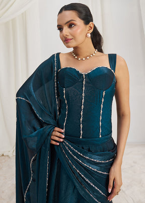 Navy Blue Organza Saree With Blouse Piece