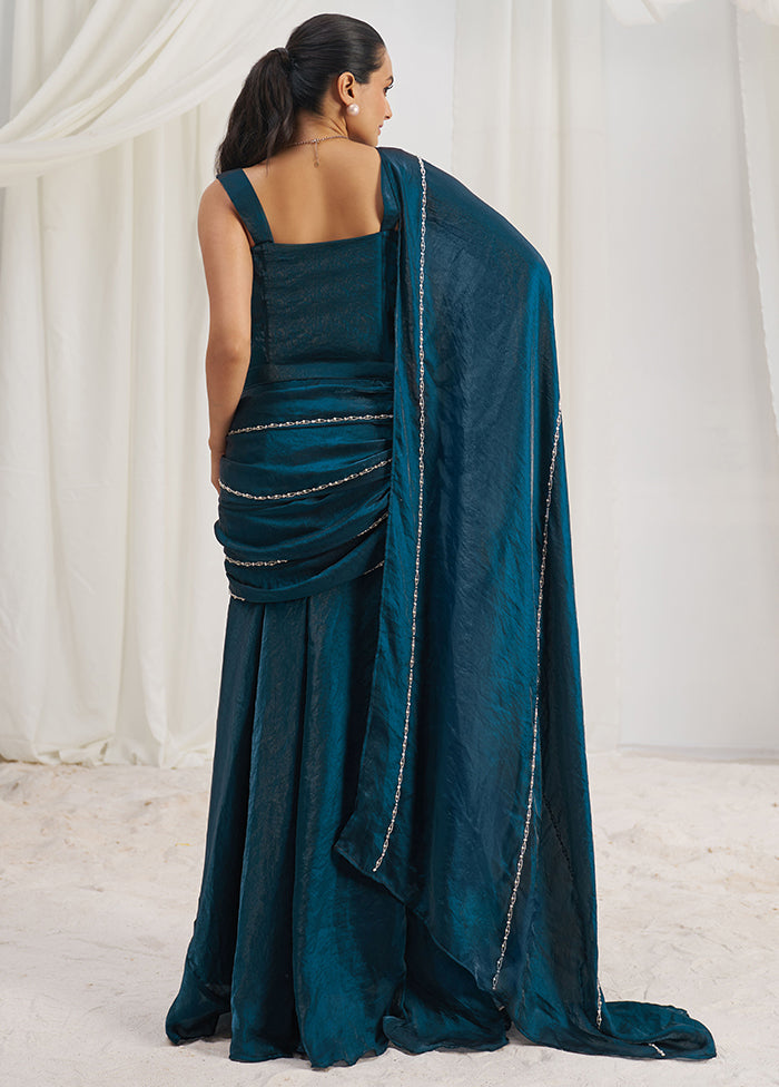 Navy Blue Organza Saree With Blouse Piece