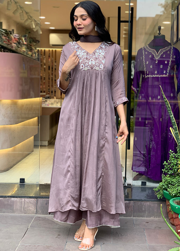 3 Pc Grey Readymade Viscose Dupatta Suit Set