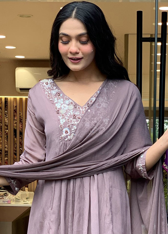 3 Pc Grey Readymade Viscose Dupatta Suit Set