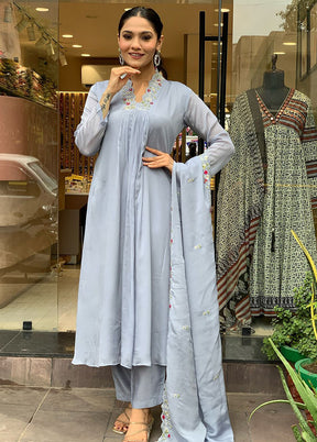 3 Pc Grey Readymade Viscose Dupatta Suit Set