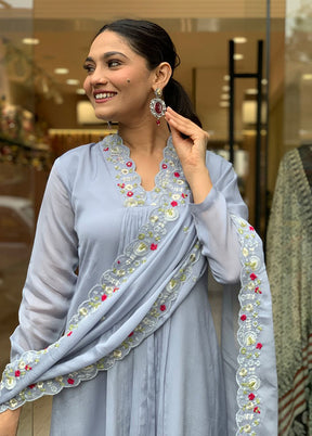 3 Pc Grey Readymade Viscose Dupatta Suit Set