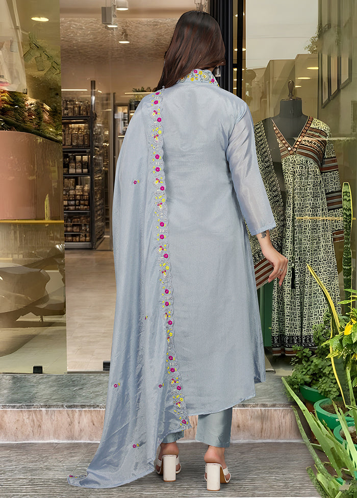3 Pc Grey Readymade Viscose Dupatta Suit Set