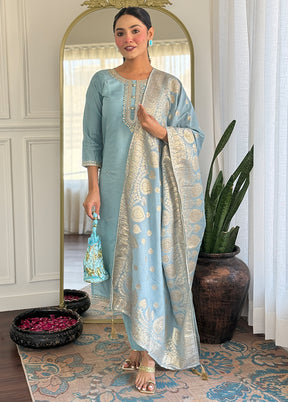 3 Pc Grey Readymade Viscose Dupatta Suit Set