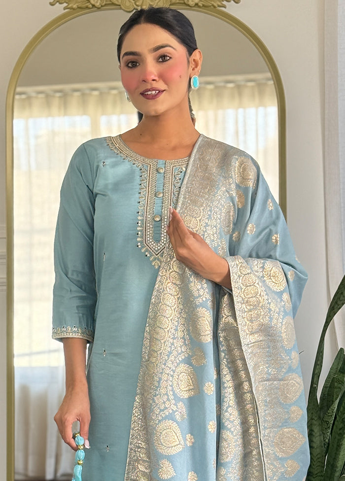 3 Pc Grey Readymade Viscose Dupatta Suit Set