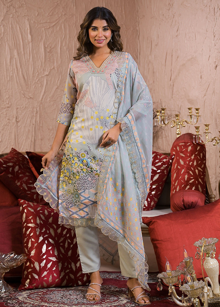 3 Pc Grey Readymade Silk Dupatta Suit Set