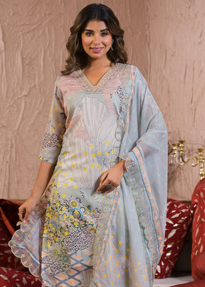 3 Pc Grey Readymade Silk Dupatta Suit Set